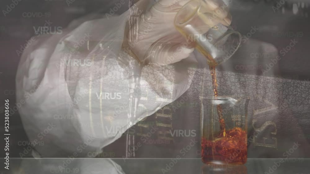 Poster animation of cross and virus texts over hands of lab worker with liquid