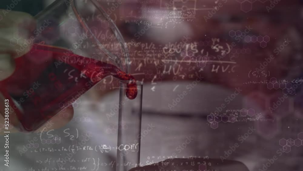 Poster animation of math and chemical formulas over hand of lab worker with liquid