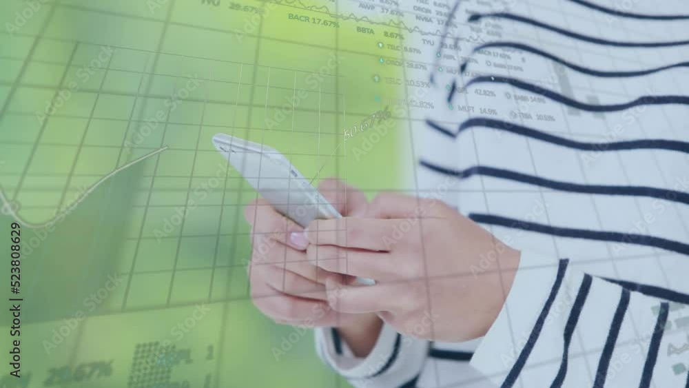 Poster animation of financial graphs and data over midsection of caucasian woman using smartphone