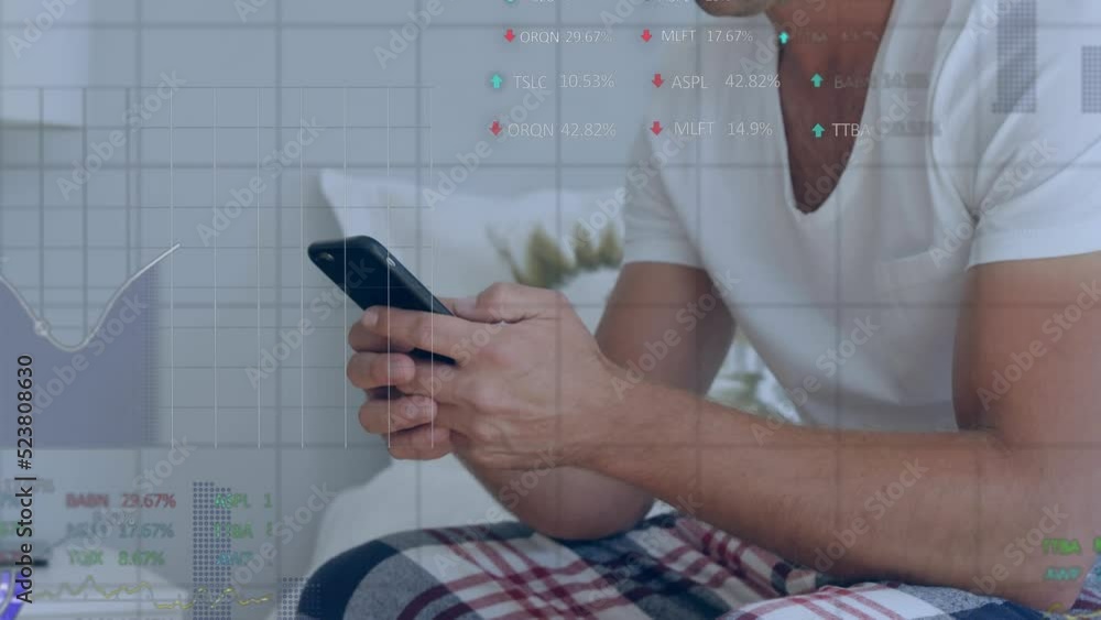 Poster animation of financial graphs and data over midsection of caucasian man using smartphone