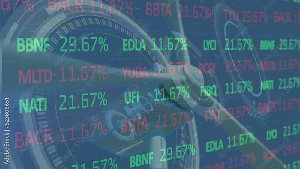 Poster animation of financial data and processing circles over wind turbine