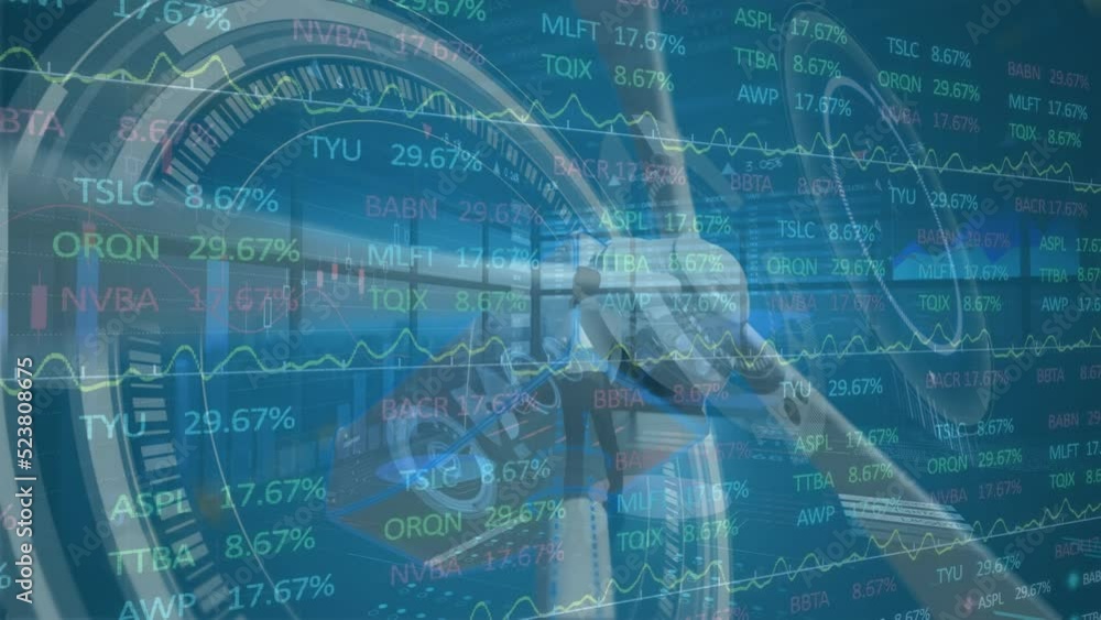 Poster animation of processing circles, financial data and graphs over wind turbine