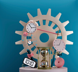 3D rendering of various clocks and watches and watch parts. Ideal for displaying time piece as a product stand or advertising display