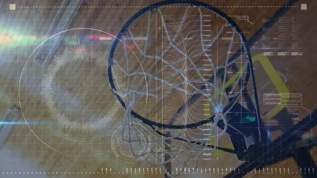 Animation of digital screen with diverse data over basketball basket
