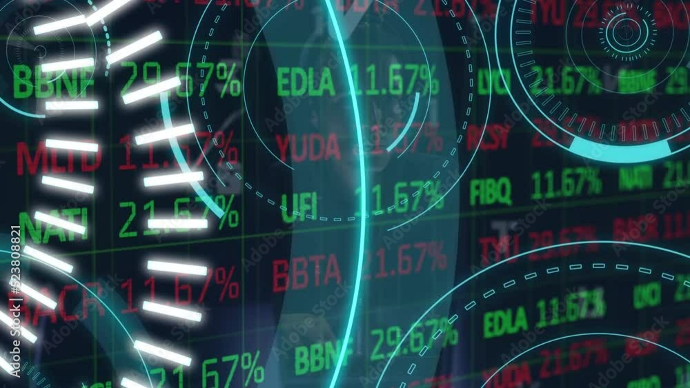 Aufkleber animation of processing circles and 5g over financial data on navy background