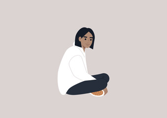 A young female Caucasian character sitting on the floor with their legs crossed