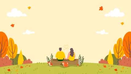 Foto op Canvas Autumn background vector illustration. Loving couple sitting on log with autumn landscape © Farosofa