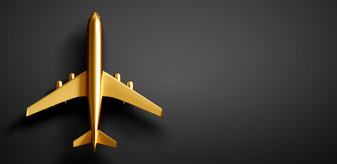 Golden plane toy model on black backdrop with copy space - 3D Illustration