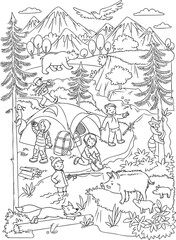 Young hikers or tourists in the wild Coloring book