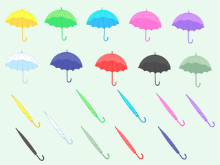 Colored realistic umbrella icon set with different sizes and colors white yellow red black and light blue vector