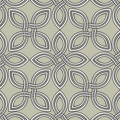 Floral geometric line seamless pattern in celtic style. Stylish ornamental monochrome background with flower petals