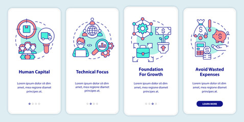 Startup consulting spheres onboarding mobile app screen. Human capital walkthrough 4 steps editable graphic instructions with linear concepts. UI, UX, GUI template. Myriad Pro-Bold, Regular fonts used