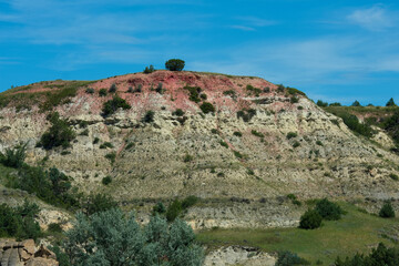 Multi colored and layered rock hills at Theodore Roosevelt National Park