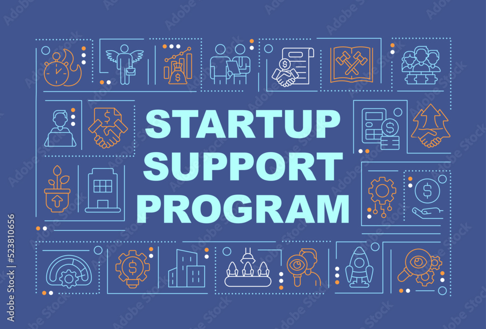 Poster startup funding program word concepts dark blue banner. financial aid. infographics with editable ic