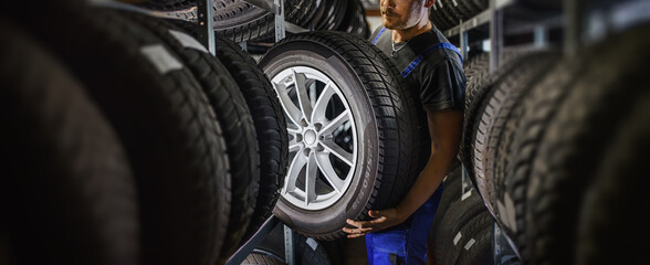 Hardworking experienced worker holding tire and he wants to change it In the tire store. Selective...