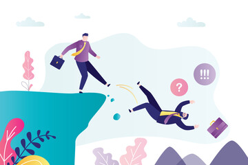 Male employee is fired, boss kicks manager off cliff. Unemployment, concept. Colleague kicks colleague off cliff, corporate relations, hostility, enmity.