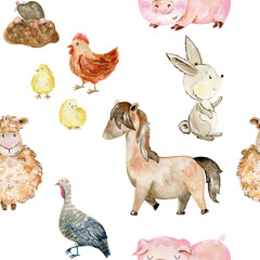 Watercolor farm seamless pattern with animals. Cute cartoon characters.