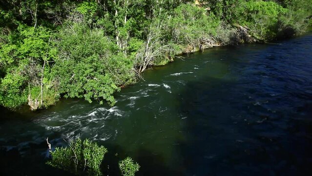 Sabero river in the province of Leon. lush green trees