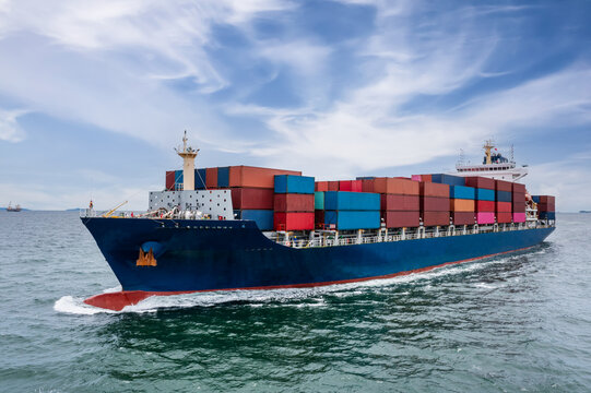 front view of container ship logistics goods transportation import export International by container cargo ship in the ocean, global business and industry service transportation of goods by sea