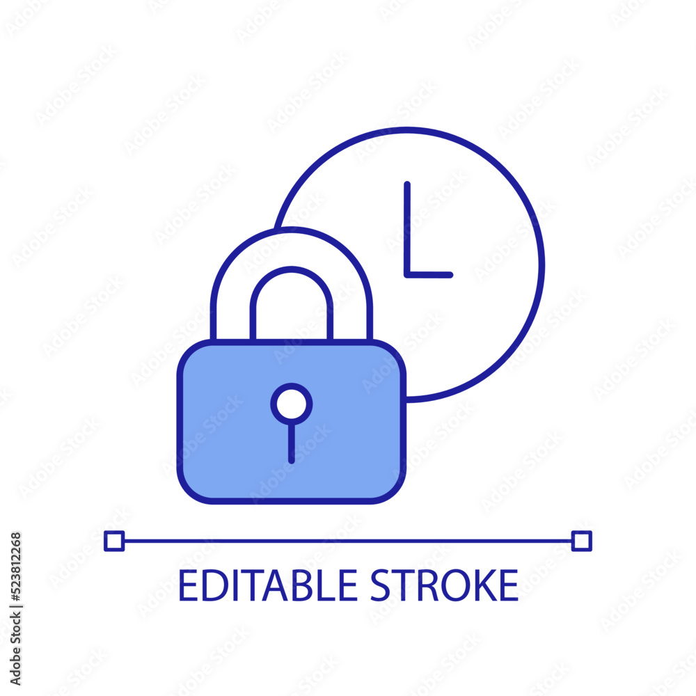Poster Clock and padlock RGB color icon. Closed time period. Time management. Business and schedule. Isolated vector illustration. Simple filled line drawing. Editable stroke. Arial font used