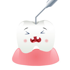 Cute cartoon with fill tooth character cleaning tooth filling tools oral dental hygiene, children dentistry concept.