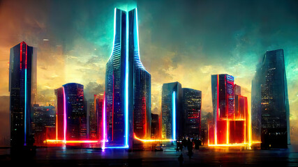 Neon city of the future. Panorama of the night city, neon lights of a large metropolis. 3D illustration. Concept art.