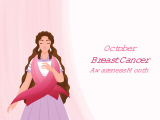Breast Cancer Awareness Month October, Young Woman Wore Pink Ribbon, Breast Cancer Awareness Symbol.