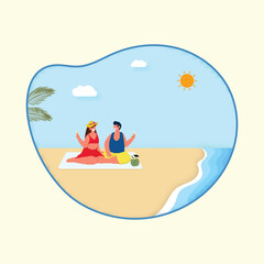 Swimmer Man And Woman Enjoying At Beach Side Against Beige Background.