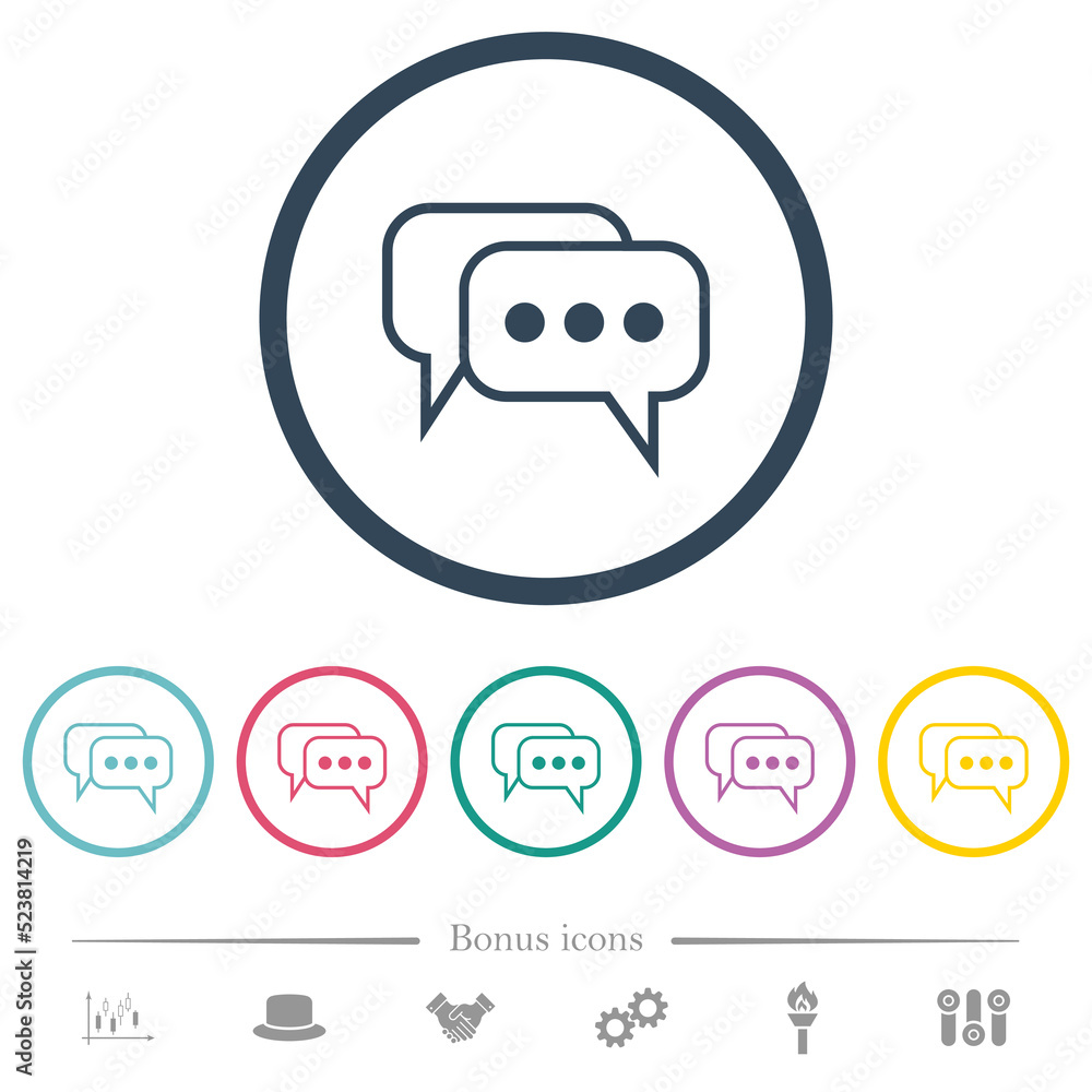 Poster two rounded square active chat bubbles outline flat color icons in round outlines