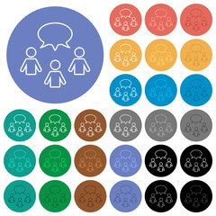 Three talking persons with oval bubble outline round flat multi colored icons