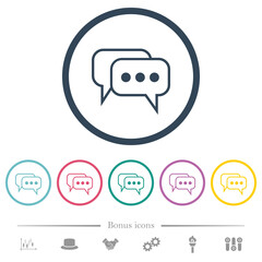 Two rounded square active chat bubbles outline flat color icons in round outlines