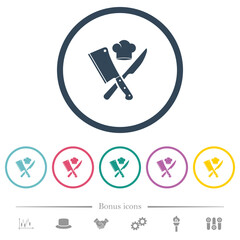 Crossed meat cleaver and knife with chef hat flat color icons in round outlines