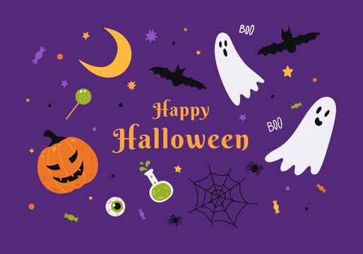 Happy Halloween greeting card. Vector cute cartoon illustration. Banner with pumpkin, ghosts, bats, moon and potion. Purple background