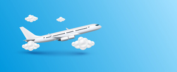 Airplane is taking off and cloud on a blue background. Can for making advertising media about tourism. Travel transport concept. 3D Vector EPS10.