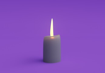 3d rendering of candle glowing, candle design element, on purple background