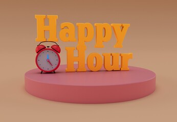 Happy Hour, 3d rendering of happy hour at the bar, minimal lettering with alarm clock