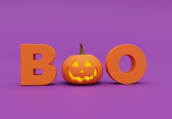 Boo! Happy Halloween day, lettering design with smiling pumpkin on purple background, Trick or Treat, 3d render