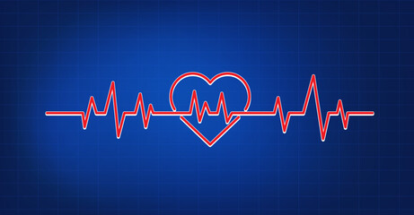 Red heartbeat line on blue background. Pulse Rate Monitor. Vector illustration.