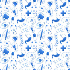 Seamless medical specialties pattern on white background for packaging design, wrapping paper, fabric or textile print, wallpaper for medical conference, hospital theme