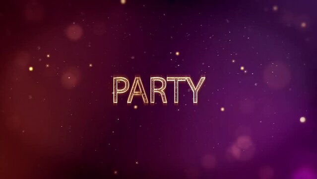 Cinematic golden party title animation with sparkling particles