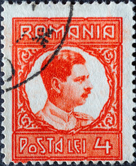 ROMANIA - CIRCA 1932: a postage stamp from Romania , showing a portrait of Carol II of Romania...