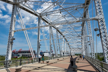 Shelby Street Pedestrian Bridge with the Nissan stadium in the background, Nashville, Tennessee, USA