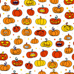 Seamless halloween scary orange pumpkins pattern. Funny, creepy, smiling face on white dot backgrounds. Doodle Autumn character. Happy Halloween symbol. Spooky vector trick or treat party illustration