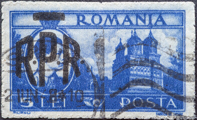 Romania - Circa 1948: A Postage Stamp from Romania, Showing the Curtea Ares Cathedral with Overprinting. Around 1948.