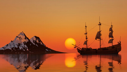 old sailing ship sunset bright sun beautiful landscape with a sailboat bay mountains snowy, 3d render