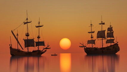 old sailing ship sunset bright sun beautiful landscape with sailboats, 3d render