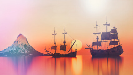 old sailing ship sunset bright sun beautiful landscape with sailboats. 3d render
