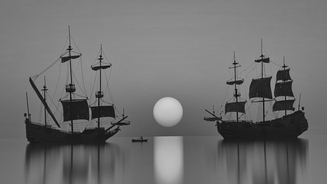 old sailing ship sunset bright sun beautiful landscape with sailboats, black and white, 3d render