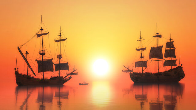 old sailing ship sunset bright sun beautiful landscape with sailboats 3d render