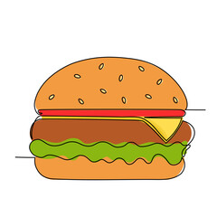 Continuous line drawing of delicious appetizing burger. Vector illustration